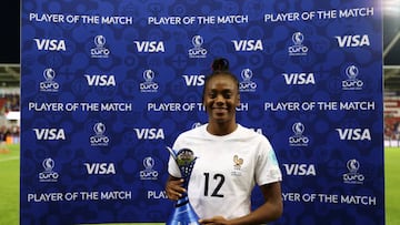 ROTHERHAM, ENGLAND - JULY 18: Melvine Malard of France poses with the player of the match award following the UEFA Women's Euro 2022 group D match between Iceland and France at The New York Stadium on July 18, 2022 in Rotherham, England. (Photo by Sarah Stier - UEFA/UEFA via Getty Images)