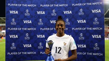 ROTHERHAM, ENGLAND - JULY 18: Melvine Malard of France poses with the player of the match award following the UEFA Women's Euro 2022 group D match between Iceland and France at The New York Stadium on July 18, 2022 in Rotherham, England. (Photo by Sarah Stier - UEFA/UEFA via Getty Images)