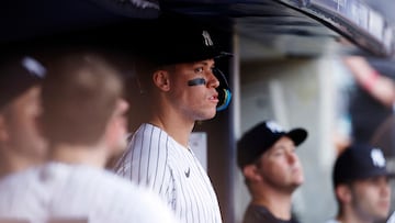 NEW YORK, NEW YORK - AUGUST 20: Aaron Judge #99 of the New York Yankees looks on from the dugout during the eighth inning against the Boston Red Sox at Yankee Stadium on August 20, 2023 in the Bronx borough of New York City. Sarah Stier/Getty Images/AFP (Photo by Sarah Stier / GETTY IMAGES NORTH AMERICA / Getty Images via AFP)