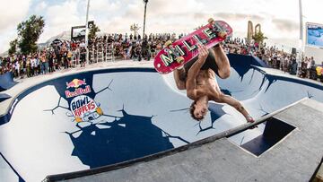 Jaime Mateu, hand plant en el que se ve su pat&iacute;n de Miller en el Red Bull Bowl Rippers 2019 de skate celebrado en el Bowl du Prado (Marsella).