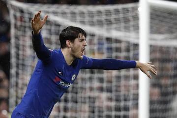 Chelsea's Spanish striker Alvaro Morata reacts to a perceived foul during the FA Cup third round replay football match between Chelsea and Norwich City.