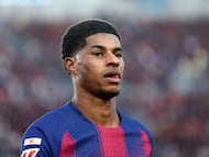 Barcelona's English forward #14 Marcus Rashford is pictured during the Spanish league football match between FC Barcelona and RCD Mallorca at Camp Nou Stadium in Barcelona on February 7, 2026. (Photo by Josep LAGO / AFP)