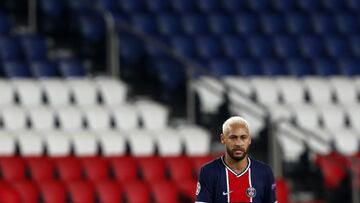 PSG's Neymar reacts during the Champions League group H soccer match between Paris Saint Germain and RB Leipzig at the Parc des Princes stadium in Paris, Tuesday Nov. 24, 2020. (AP Photo/Thibault Camus)