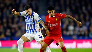 Soccer Football - Carabao Cup - Round of 16 - Brighton & Hove Albion v Liverpool - The American Express Community Stadium, Brighton, Britain - October 30, 2024 Liverpool's Luis Diaz in action with Brighton & Hove Albion's Jakub Moder Action Images via Reuters/Peter Cziborra EDITORIAL USE ONLY. NO USE WITH UNAUTHORIZED AUDIO, VIDEO, DATA, FIXTURE LISTS, CLUB/LEAGUE LOGOS OR 'LIVE' SERVICES. ONLINE IN-MATCH USE LIMITED TO 120 IMAGES, NO VIDEO EMULATION. NO USE IN BETTING, GAMES OR SINGLE CLUB/LEAGUE/PLAYER PUBLICATIONS. PLEASE CONTACT YOUR ACCOUNT REPRESENTATIVE FOR FURTHER DETAILS..