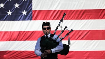 MACON, GEORGIA - NOVEMBER 06: A bagpiper plays the National Anthem during the Cherry Blossom Festival Veterans Day Parade on November 06, 2022 in Macon, Georgia. On November 8th, Georgia residents will hit the polls to vote in the midterm elections with the governors race between incumbent Republican Gov. Brian Kemp and Democratic nominee Stacey Abrams, and the Senate race between Sen. Raphael Warnock (D-GA) and Republican Senate nominee Herschel Walker being the top races people will be voting for. (Photo by Michael M. Santiago/Getty Images)