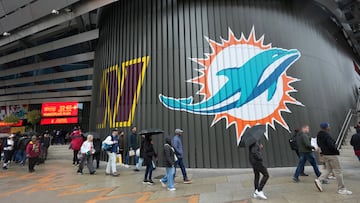 Nov 15, 2025; Madrid, Spain; Washington Commanders and Miami Dolphins logos at Bernabeu Stadium, the site of the 2025 NFL Madrid Game. Mandatory Credit: Kirby Lee-Imagn Images