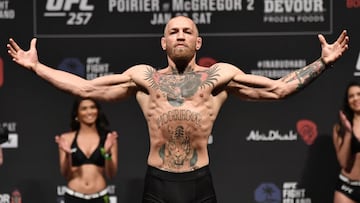 ABU DHABI, UNITED ARAB EMIRATES - JANUARY 22: In this handout image provided by the UFC, Conor McGregor of Ireland poses on the scale during the UFC 257 weigh-in at Etihad Arena on UFC Fight Island on January 22, 2021 in Abu Dhabi, United Arab Emirates.