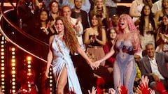 NEWARK, NEW JERSEY - SEPTEMBER 12: Shakira and Karol G accept the Best Collaboration award for "TQG" onstage during the 2023 MTV Video Music Awards at Prudential Center on September 12, 2023 in Newark, New Jersey. (Photo by Theo Wargo/Getty Images for MTV)