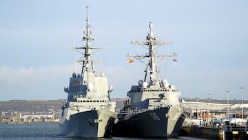 The Spanish Alvaro de Bazan frigate Alvaro de Bazan (left) and the US Navy Arleigh Burke-class destroyer USS Thomas Hudner (right) alongside at HMNB Portsmouth. Picture date: Thursday November 17, 2022. (Photo by Andrew Matthews/PA Images via Getty Images)
