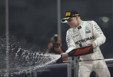Bottas celebrates after winning the Abu Dhabi Grand Prix, the final race of a 2017 season that saw him finish third in the Drivers' Championship.