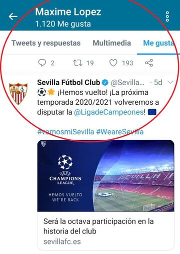 Uno de los 'Me gusta' sevillistas de Maxime.