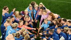 England's players react after winning the Australia and New Zealand 2023 Women's World Cup semi-final football match between Australia and England at Stadium Australia in Sydney on August 16, 2023. (Photo by DAVID GRAY / AFP)