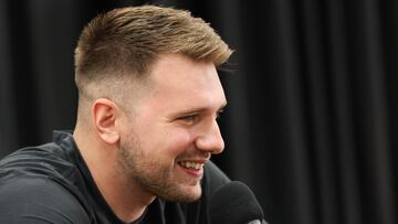 Slovenian professional basketball player Luka Doncic speaks to reporters during the Los Angeles Lakers media day at UCLA Health Training Center El Segundo, California on September 29, 2025. (Photo by Patrick T. Fallon / AFP)