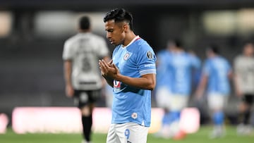 Cruz Azul's forward #09 Angel Sepulveda celebrates after scoring his team first goal during the Liga MX Clausura football match between Cruz Azul and San Luis at the Olimpico Universitario stadium in Mexico City on March 15, 2025. (Photo by Yuri CORTEZ / AFP)