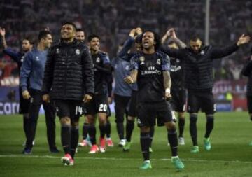 Marcelo celebra la clasificación de su equipo para la final de Champions League 2016-2017 en Cardiff.