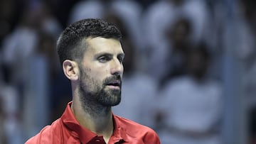 Riyadh (Saudi Arabia), 19/10/2024.- Novak Djokovic of Serbia during his third place match against Rafel Nadal of Spain at the Six Kings Slam exhibition tennis tournament in Riyadh, Saudi Arabia, 19 October 2024. (Tenis, Arabia Saudita, España) EFE/EPA/STR