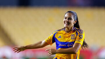 Jul 19, 2024; San Nicolas de los Garza, Nuevo Leon, Mexico; Tigres UANL defender Cristina Ferral (15) celebrates after a goal during the second half against Pachuca at Estadio Universitario. Mandatory Credit: Jorge Mendoza/Sports Press Photo via USA TODAY Sports