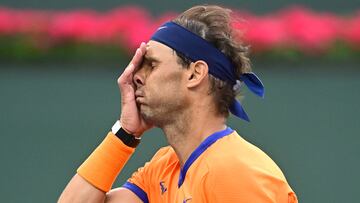 Mar 19, 2022; Indian Wells, CA, USA;  Rafael Nadal (ESP) reacts after missing a shot during a victory over Carlos Alcaraz (ESP) in their semifinal match in the BNP Paribas Open at the Indian Wells Tennis Garden. Mandatory Credit: Jayne Kamin-Oncea-USA TODAY Sports