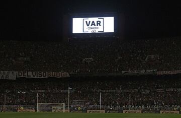 The logo of the VAR is seen during the all-Argentine Copa Libertadores semi-final first leg football match between River Plate and Boca Juniors at the Monumental stadium in Buenos Aires, on October 1, 2019. 