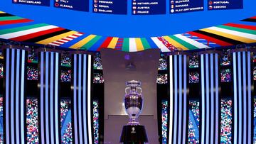 A general view shows the trophy in front of the drawn groups after the final draw for the UEFA Euro 2024 European Championship football competition in Hamburg, northern Germany on December 2, 2023. (Photo by Odd ANDERSEN / AFP)