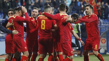 Soccer Football - International Friendly - Montenegro v Greece - Podgorica City Stadium, Podgorica, Montenegro - March 28, 2022 Montenegro&#039;s Milutin Osmajic celebrates scoring their first goal with teammates REUTERS/Stevo Vasiljevic