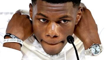 France's midfielder Aurelien Tchouameni attends a press conference at the Qatar National Convention Center (QNCC) in Doha on November 29, 2022, on the eve of the Qatar 2022 World Cup football match between Tunisia  and France. (Photo by FRANCK FIFE / AFP)