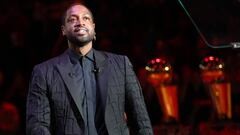 Feb 22, 2020; Miami, Florida, USA; Miami Heat former player Dwyane Wade reacts during his jersey retirement celebration at American Airlines Arena. Mandatory Credit: Kim Klement-USA TODAY Sports