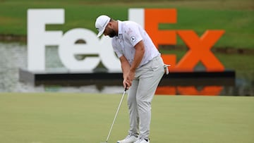 MEMPHIS, TENNESSEE - AUGUST 10: Jon Rahm of Spain putts on the 18th green during the first round of the FedEx St. Jude Championship at TPC Southwind on August 10, 2023 in Memphis, Tennessee.   Gregory Shamus/Getty Images/AFP (Photo by Gregory Shamus / GETTY IMAGES NORTH AMERICA / Getty Images via AFP)