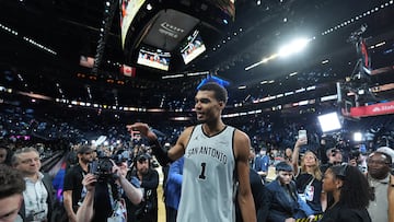Dec 13, 2025; Las Vegas, Nevada, USA; San Antonio Spurs forward Victor Wembanyama (1) celebrates after the game against the Oklahoma City Thunder at T-Mobile Arena. Mandatory Credit: Kirby Lee-Imagn Images