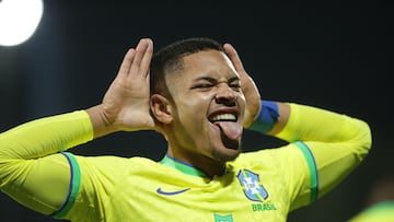 Brazil's Vitor Roque celebrates after scoring against Venezuela during the South American U-20 championship football match at the Metropolitano de Techo stadium in Bogota, Colombia on February 3, 2023. (Photo by JUAN PABLO PINO / AFP)