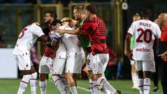 Ismael Bennacer of AC Milan celebrates after scoring his side's first goal of the match  during the italian soccer Serie A match Atalanta BC vs AC Milan on August 21, 2022 at the Gewiss Stadium in Bergamo, Italy (Photo by Francesco Scaccianoce/LiveMedia/NurPhoto via Getty Images)