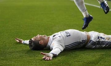 Cristiano celebrates his goal on Sunday night.