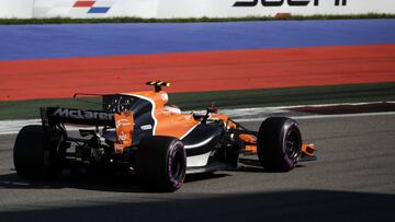 McLaren driver Stoffel Vandoorne of Belgium steers his car during the Formula One Russian Grand Prix at the 'Sochi Autodrom' circuit, in Sochi, Russia, Sunday, April. 30, 2017. (AP Photo/Pavel Golovkin)