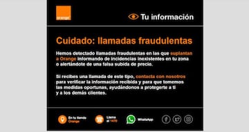 La operadora Orange alertó a sus clientes con este aviso por email sobre las llamadas del 960302419 y otros números