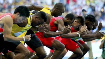 La salida de la s&eacute;ptima serie de los 100 metros, en la que venci&oacute; Usain Bolt. 