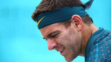 LONDON, ENGLAND - JUNE 19: Juan Martin del Potro of Argentina looks on during his First Round Singles Match against Denis Shapovalov of Canada during day Three of the Fever-Tree Championships at Queens Club on June 19, 2019 in London, United Kingdom. (Photo by Clive Brunskill/Getty Images)