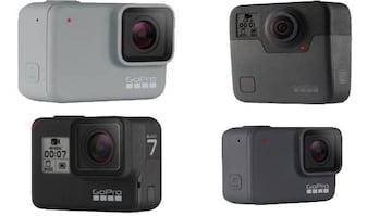 De izquierda a derecha y de arriba a abajo: GoPro Hero 7 White, GoPro Fusion 360, GoPro Hero 7 Black y GoPro Hero 7 Silver.