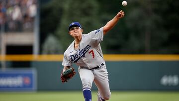 Jun 29, 2022; Denver, Colorado, USA; Los Angeles Dodgers starting pitcher Julio Urias (7) pitches in the first inning against the Colorado Rockies at Coors Field. Mandatory Credit: Isaiah J. Downing-USA TODAY Sports