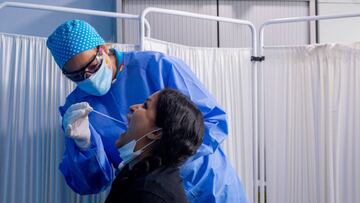 Un trabajador sanitario protegido le realiza a una mujer un test PCR