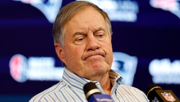 FOXBOROUGH, MASSACHUSETTS - JANUARY 07: New England Patriots head coach Bill Belichick speaks during a press conference after a game against the New York Jets at Gillette Stadium on January 07, 2024 in Foxborough, Massachusetts. Winslow Townson/Getty Images/AFP (Photo by Winslow Townson / GETTY IMAGES NORTH AMERICA / Getty Images via AFP)