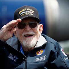 World War II Veteran Pfc Henry "Sam" Carlile, 99, arrives at Deauville airport from Atlanta to commemorate the 80th anniversary of the 1944 D-Day landings in Deauville, Normandy region, France, June 3, 2024. REUTERS/Benoit Tessier
