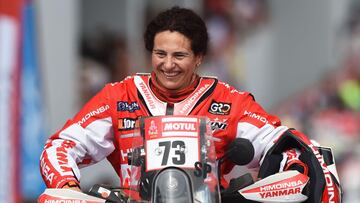 Himoinsa Racing&#039;s Spanish biker Rosa Romero Font on his KTM, is pictured on the podium during the start of the 2018 Dakar Rally, ahead of the rally&#039;s Lima-Pisco Stage 1, in Lima on January 6, 2018.
 The 40th edition of the Dakar Rally will take competitors through Peru, Bolivia and Argentina until January 20. / AFP PHOTO / CRIS BOURONCLE        (Photo credit should read CRIS BOURONCLE/AFP via Getty Images)