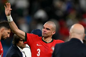 Portugal's defender #03 Pepe reacts after the UEFA Euro 2024 quarter-final football match between Portugal and France at the Volksparkstadion in Hamburg on July 5, 2024. (Photo by PATRICIA DE MELO MOREIRA / AFP)