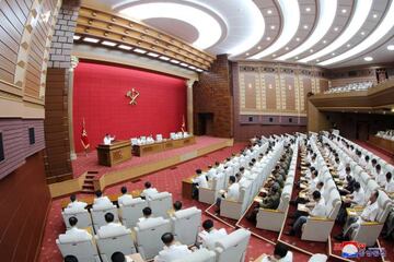North Korean leader Kim Jong Un addresses a plenary meeting of the Central Committee of the Workers' Party of Korea in North Korea, in this photo released August 20, 2020, by North Korean Central News Agency (KCNA) in Pyongyang.