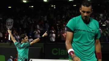 KEY BISCAYNE, FL - MARCH 31: Roger Federer of Switzerland celebrates defeating Nick Kyrgios of Australia in the semi finals at Crandon Park Tennis Center on March 31, 2017 in Key Biscayne, Florida. (Photo by Julian Finney/Getty Images)