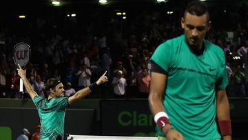 KEY BISCAYNE, FL - MARCH 31:  Roger Federer of Switzerland celebrates defeating Nick Kyrgios of Australia in the semi finals at Crandon Park Tennis Center on March 31, 2017 in Key Biscayne, Florida.  (Photo by Julian Finney/Getty Images)