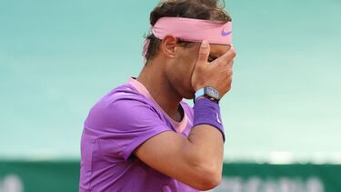 MONTE-CARLO, MONACO - APRIL 16: Rafael Nadal of Spain reacts during his match against Andrey Rublev of Russia during day six of the Rolex Monte-Carlo Masters at Monte-Carlo Country Club on April 16, 2021 in Monte-Carlo, Monaco. (Photo by Alexander Hassens
