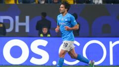 Napoli's Argentine forward #18 Giovanni Simeone celebrates his goal during the Italian Super Cup semi final football match between Napoli and Fiorentina at Al-Awwal Park Stadium in Riyadh, on January 18, 2024. (Photo by Fayez NURELDINE / AFP)