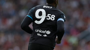 The legendary Jamaican sprinter and Man Utd fan participated in the Soccer Aid charity game where he showed off his soccer skills with a great goal.