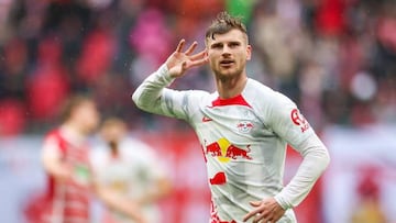 15 April 2023, Saxony, Leipzig: Soccer: Bundesliga, Matchday 28, RB Leipzig - FC Augsburg at Red Bull Arena. Leipzig's Timo Werner celebrates after scoring to make it 3:1. Photo: Jan Woitas/dpa - IMPORTANT NOTE: In accordance with the requirements of the DFL Deutsche Fu?ball Liga and the DFB Deutscher Fu?ball-Bund, it is prohibited to use or have used photographs taken in the stadium and/or of the match in the form of sequence pictures and/or video-like photo series. (Photo by Jan Woitas/picture alliance via Getty Images)